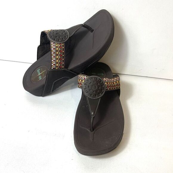 Skechers Tone-ups Wedge Flip Flop Womens 11 Brown Multicolor Woven Thong Sandals - Picture 3 of 11